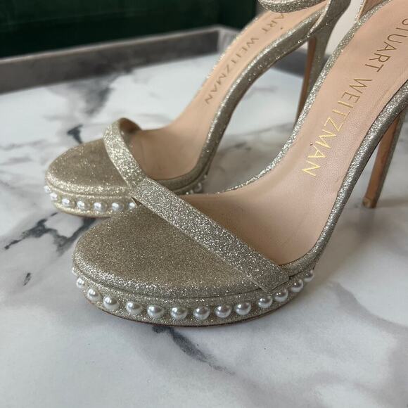 Stuart Weitzman Nudist Disco Pearl Gold Glitter Heels Size 6.5 - Picture 4 of 9